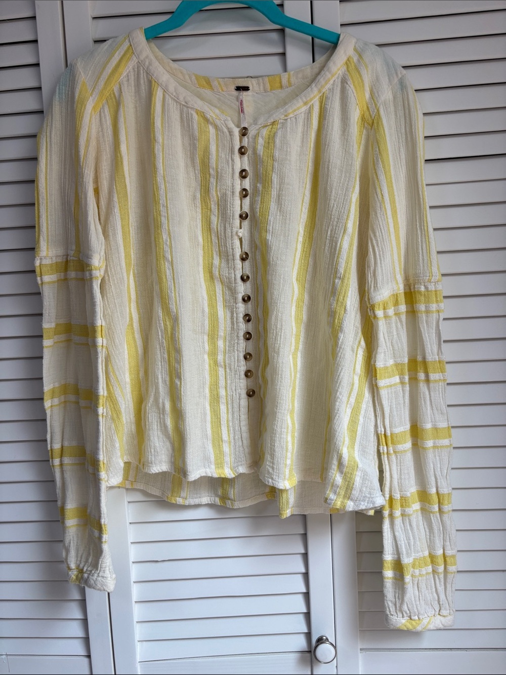Free People Lightweight White & Yellow Striped Button-Front Women's Top